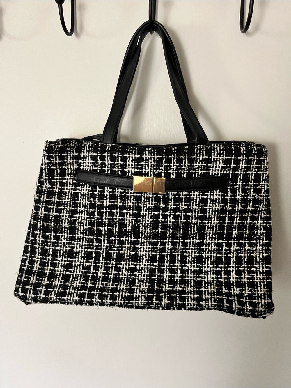 Black & White Tweed Tote Bag with Gold Accent